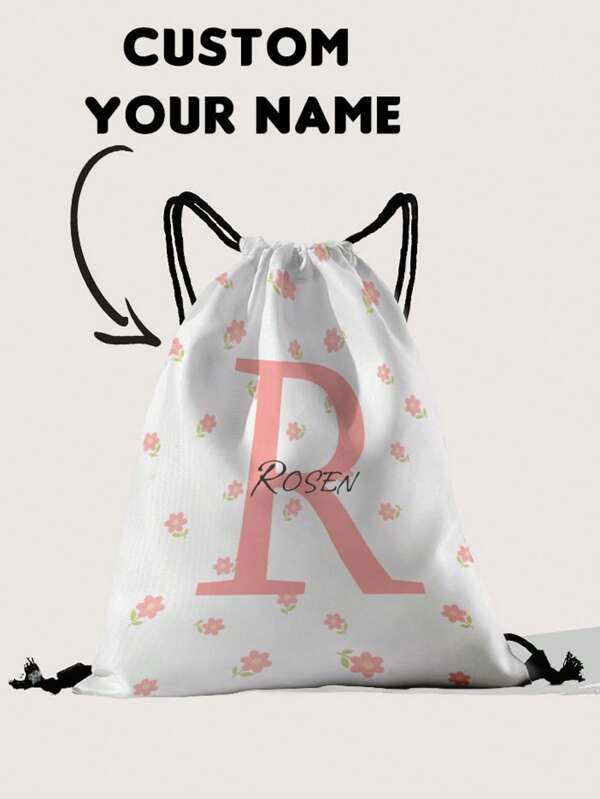 Mochila com cordão e nome personalizado de 1 peça e estampa floral, pode ser personalizada de acordo com seu design exclusivo, adequada para crianças e adolescentes, você pode imprimir seu próprio nome ou o nome de sua irmã e colega de classe como um presente