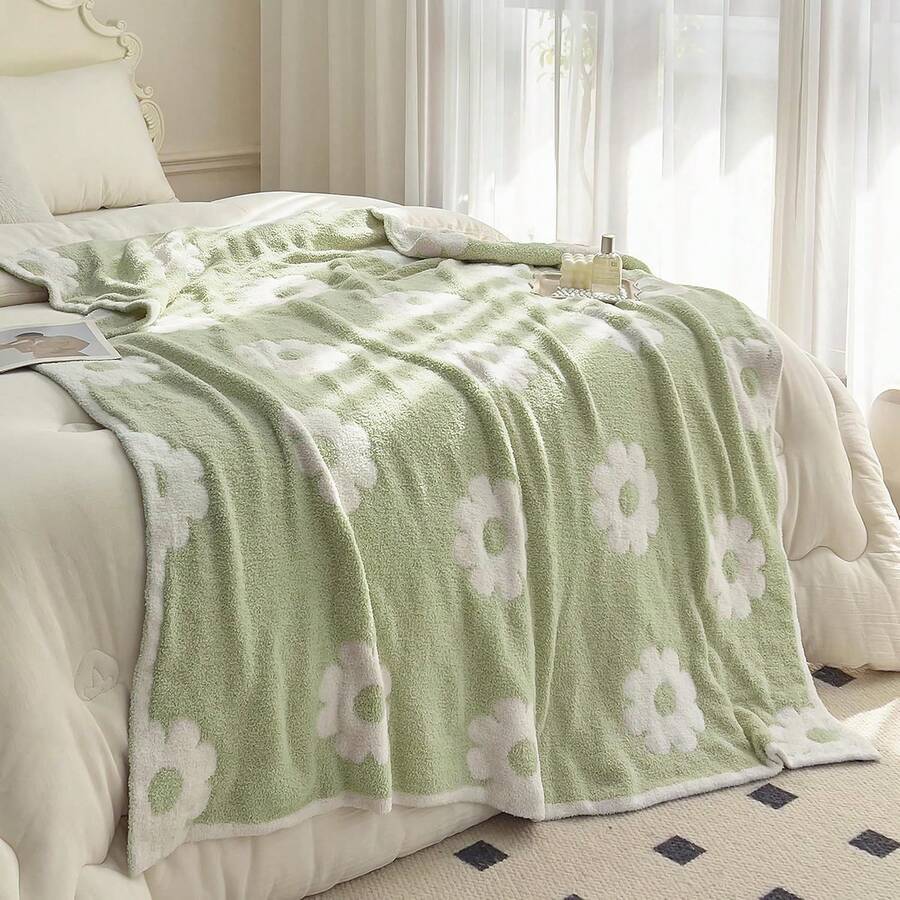 Soft Cozy Spring Floral Throw Blanket Flowers Daisy Sunflower Green Plants Microfiber Knitted Blanket Pink Fluffy Fleece Blanket Birthday Gift Home Decor For Sofa Couch Bed 30x40 Inches (Pink) - Matcha Green - Xem 1