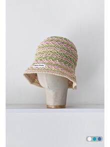 1pc Dopamine Ombre Woven Straw Hat, Women Summer Beach Floppy Sun Hat, Breathable Knit Hollow Bucket Hat, Versatile Straw Sun Hat For Summer - Colorful Striped Straw Hat - View 8