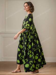 Top, 2025 Green Flower Dress, Daily Ladies Plus-Size Dress, Summer Crew-Neck Sleeved Full Print Breathable Holiday Casual Dress, Holiday Beach Wear, Bohemian Elegant Dress