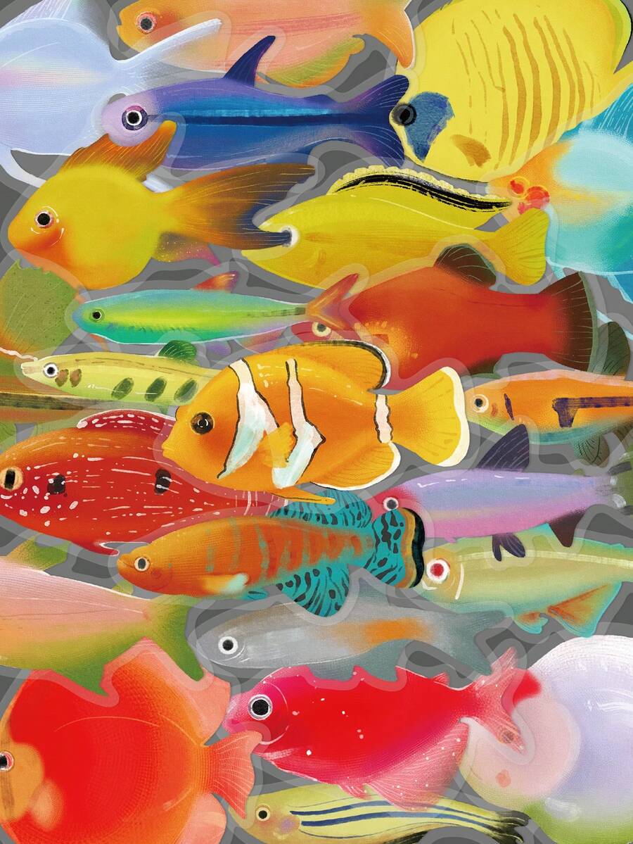 50入魚類貼紙 PET透明材質藝術貼紙,適用於筆電、剪貼簿、冰箱、房間、魚缸裝飾,學校用品,開學季 - 彩色 - 查看 1