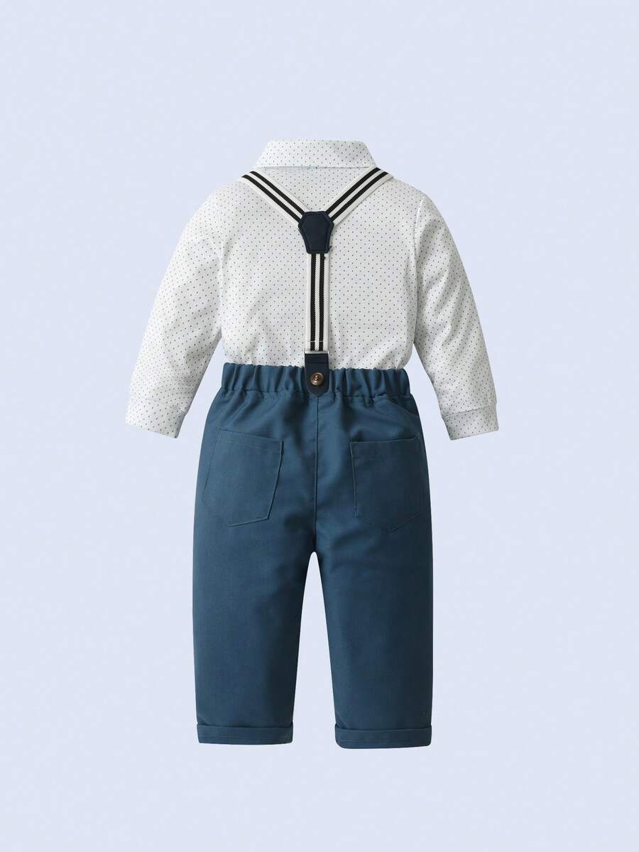 BOARNSEORL Outfit da gentiluomo per bambini maschi, include camicia a maniche lunghe con fiocco, pantaloni con bretelle e cappello, adatto per feste di compleanno, eventi formali, matrimoni, battesimi, occasioni festive