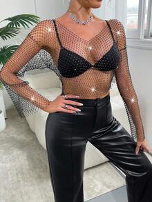 Top sexy para fiesta de mujer con escote en V transparente, hombros caídos y mangas, con detalles de strass para el verano - Cuello en V negro - Ver 6