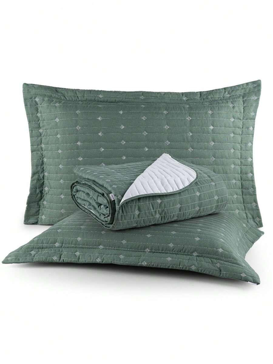 200 Thread Count Double-Sided Bedspread, Double/Queen/King/Single, Embroidered, 3-Piece Luxury Decor - Green - View 1