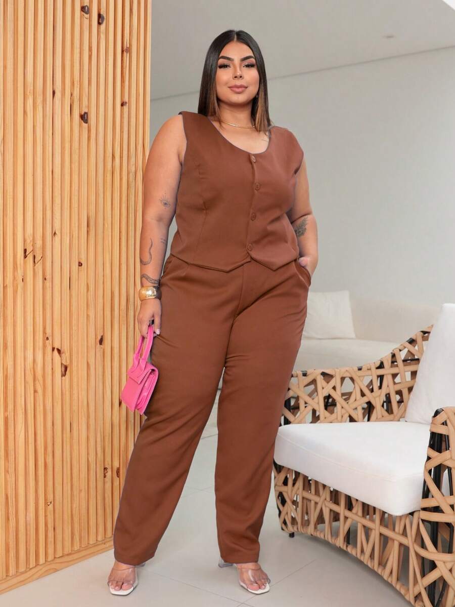 Women's Tailored Set Plus Size 48 50 52 Vest Blouse Cropped Dress Pants 46 48 50 52 54 GG G1 G2 - Premium - 鏽棕色 - 查看 1