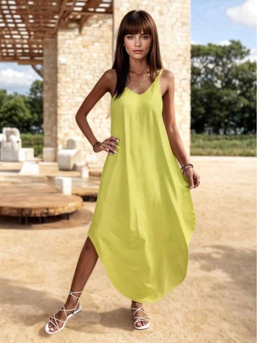 Vestido Midi Holgado de Escote en V con Tirantes - Amarillo - Ver 1