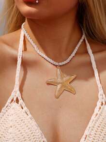 1 pièce Collier pendentif en forme d'étoile de mer liée au style de plage exagéré, mode personnalisée. Collier en cordon de cire coréen, polyvalent pour la vie quotidienne, les fêtes et les vacances à la plage