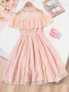 Robe d'été élégante pour filles, mode coréenne 100% polyester avec détails en dentelle, robe de princesse couleur unie avec un léger stretch, coupe près du corps pour enfants - Rose bonbon - Voir 2
