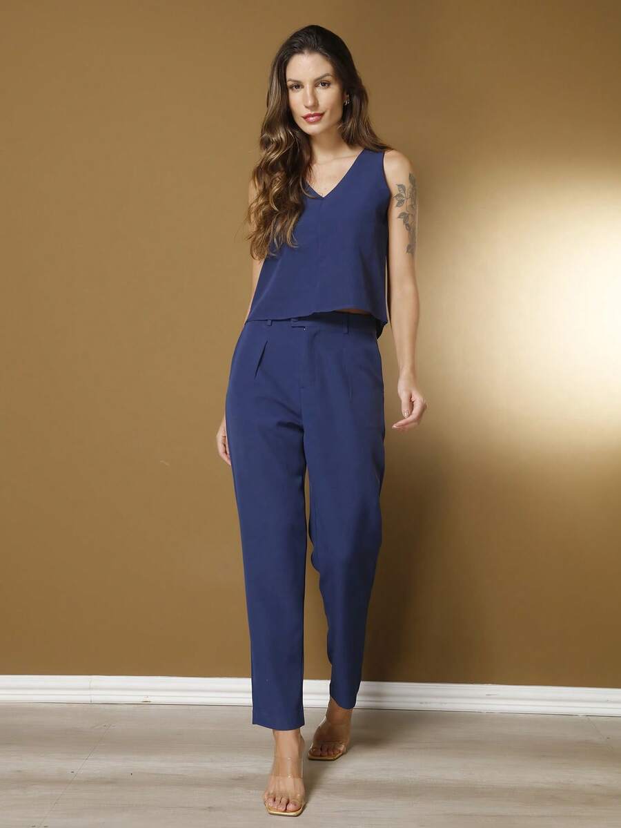 Tailored Set Elegant Set Set Of Palazzo Pants And Blouse - 藏蓝色 - 查看 1