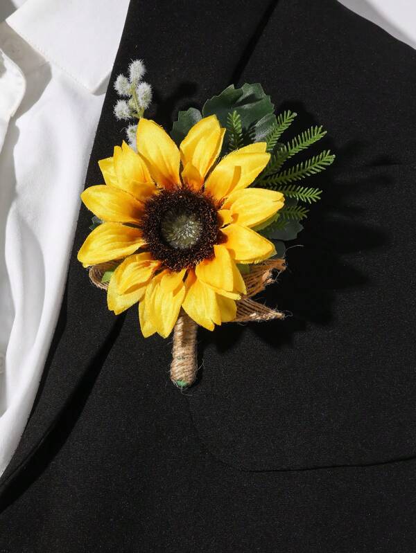 1pc Yellow Sunflower With Artificial Green Plant Elegant Corsage Suitable For Groom, Groomsman, Bride, Bridesmaid, Father, Mother, Wedding, Anniversary, Prom, Party Decoration