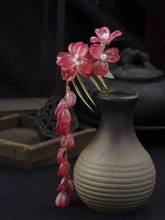 1 件韩版高贵优雅红芙蓉花/夏威夷花带流苏垂坠装饰发夹长 8cm 保色不易脱落时尚气质精致女士女生发梳头饰日常头饰