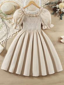 春夏优雅女孩玫瑰花朵印花泡泡袖方领休闲连衣裙 - 杏色 - 查看 2