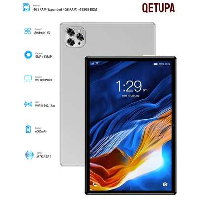 Qetupa 10.1英寸安卓13平板电脑，4GB内存（可扩展至4GB内存）+ 64GB存储空间/4GB内存（可扩展至4GB内存）+ 128GB存储空间，MTK 6762八核2.0GHz处理器，高清(1280x800) IPS触摸屏，500万像素前置摄像头和1300万像素后置摄像头，6000mAh电池，支持802.11ac WIFI5 2.4G+5G，蓝牙5.2，GPS（银色）
