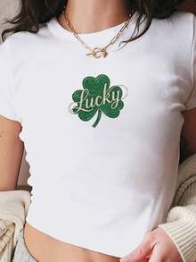 Shamrock Rhinestones Lucky Women's Fashion Short T-Shirt - 白色 - 查看 1