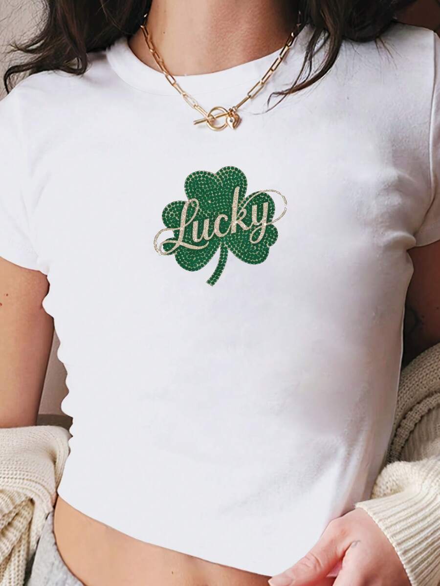 Shamrock Rhinestones Lucky Women's Fashion Short T-Shirt - 白色 - 查看 1