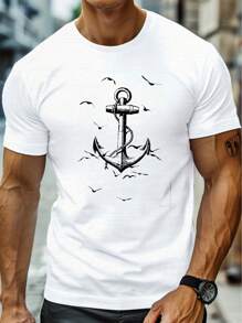 T-shirt da uomo con stampa di ancora bianca, 220 g/m², scollo rotondo casual, in puro cotone, a maniche corte (1 pezzo)