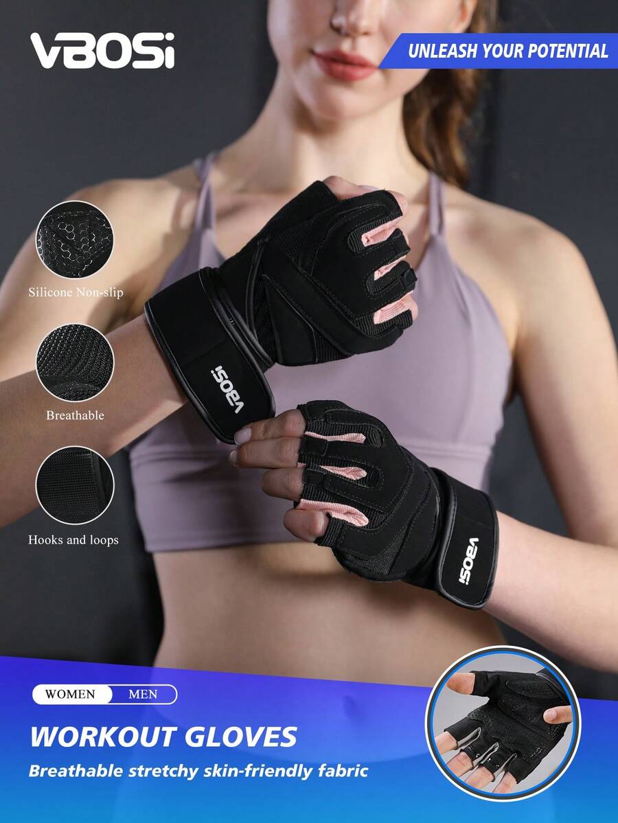 VBOSI 1 Pair Half Finger Shock-Absorbing Fitness Gloves For Men And Women, Anti-Slip Breathable Cycling Gloves, Weightlifting, Dumbbell, Palm Protection, Sports Gloves, Beach Games, Black Gloves With Adjustable Straps