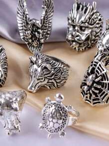 20 Stück/Set Punk Zufallsdesign, zufällige Größe Tier Löwe Tiger Schildkröte Elefant Schlange Eule Fingerringe Set für Männer und Frauen