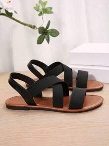 Sandal Datar Wanita Model Lebar 2025 dengan Tali Elastis Silang, Cocok untuk Liburan Musim Panas, Hitam - Hitam - View 6