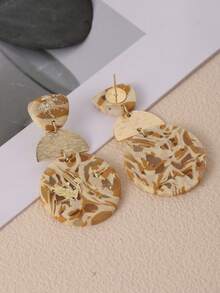 1 Pair Handmade Soft Clay Mint Green & Gold Foil Geometric Patchwork Earrings, Lightweight Luxury Style Perfect For Party, Travel, Holiday, Can Be Gifted, Available In Multiple Colors - Gold - View 5