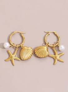 1pc Summer Shell Starfish Pearl Earrings Stainless Steel Ocean Style Gold Earrings Jewelry Women Beach Holiday Daily Wear