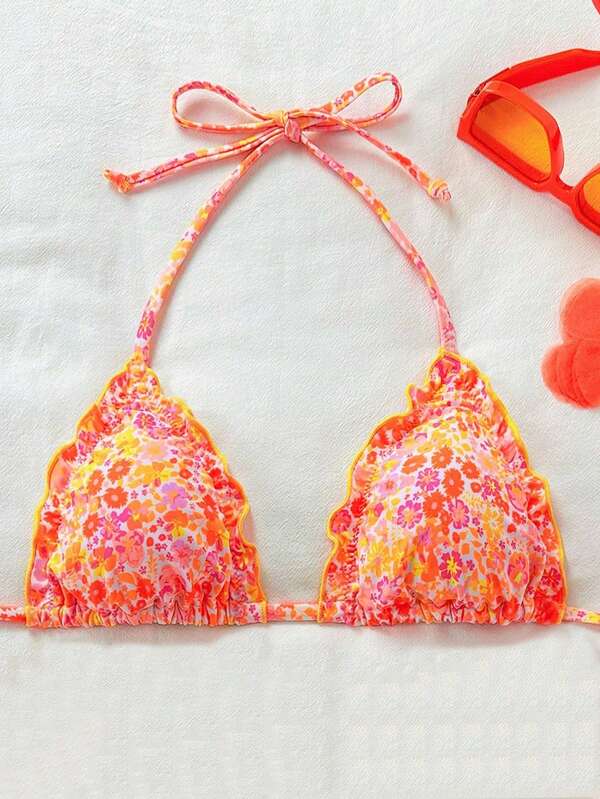 Miturn Eleganter Lässig Bikini Top: Blume Muster Neckholder mit verstellbaren Bändern & gerüschter Verzierung für Sommerurlaube