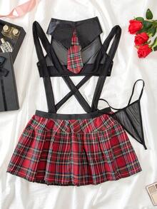 3pcs Set European & American Sexy Student Lingerie Set, Sheer Women's Seductive Uniform Role-Play Costume - Black - View 1