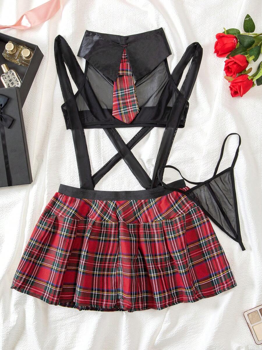 3pcs Set European & American Sexy Student Lingerie Set, Sheer Women's Seductive Uniform Role-Play Costume - Black - View 1