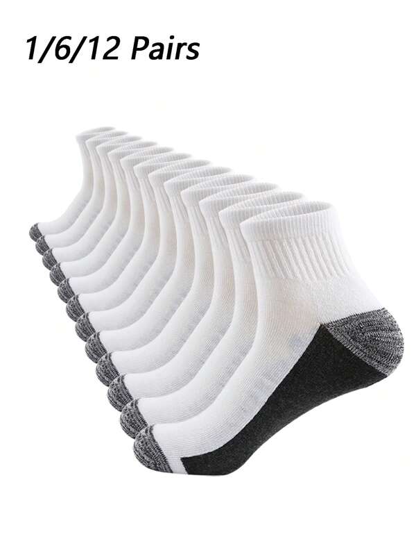 1/6/12 Pairs Men's White Socks, Thick Terry Cushioned Bottom Sports Socks, Polyester Blend Moisture-Wicking Breathable Non-Slip Durable Elastic, Outdoor Hiking Thermal Warm Socks, Suitable For Fitness & Running