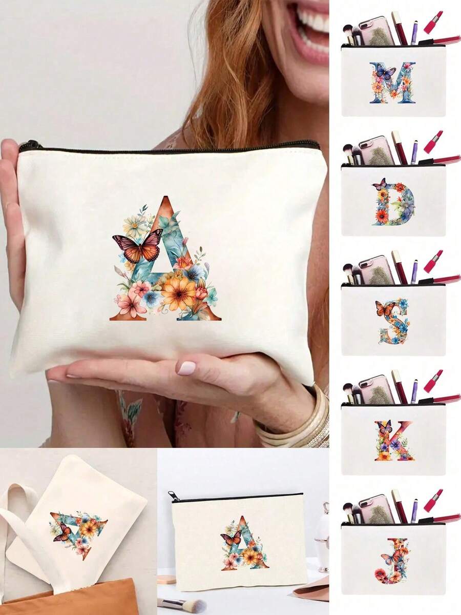 26 Letter & Floral Canvas Zipper Pouch - Lightweight Foldable Makeup Bag, Washable White Cosmetic Pencil Case, Suitable For Women, Mothers & Daughters - Perfect Gift For Graduation, Wedding, Holiday - Multicolor - View 1