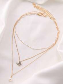 3pcs Women's Pearl Butterfly Necklace Set - Yellow Gold - View 5