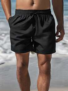 Shorts Esportivos Casuais Masculinos com Cordão na Cintura, Cor Sólida, para Uso Externo
