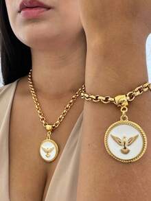 Pulseira semi joia pomba da paz redonda branca corrente elo português grossa verniz italiano