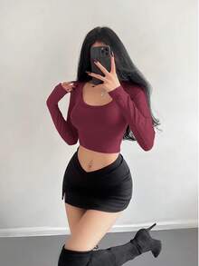 Women's Long Sleeve T-Shirt Ribbed Fabric S M L - Burgundy - View 4