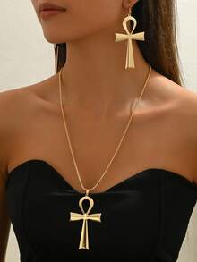 1 Set Fashion Minimalist Creative Ancient Egypt Ankh Cross Pendant Necklace & Earrings, Suitable For Women's Daily Wear - Gold - View 3
