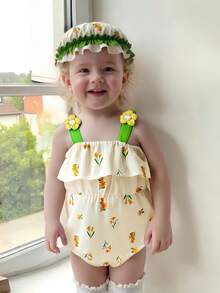 Infant Girl 3D Floral Decor Camisole Bodysuit & Hat Set, Elegant Design Suitable For Spring & Summer Vacation - Multicolor - View 4