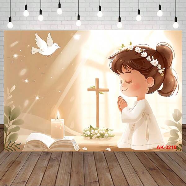 My First Backdrop Birthday Party Decor Baptism Gold Cross God Bless Photography Background