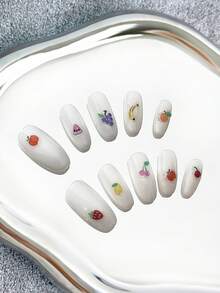 Set de 10 uñas postizas ovaladas francesas hechas a mano, con diseño de arte de frutas de colores, contraste de color 3D, cobertura completa brillante, uñas falsas DIY, suministros de arte de uñas - Multicolor - Ver 5