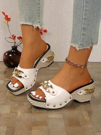 Thick Sole Wedge Sandals With Rivets, Fashion Summer Sandals, Comfortable Versatile High Heel Sandals For Women, Size 42