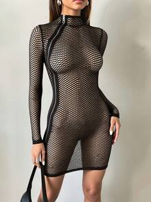 Vestido midi dama mujer sexy tejido stretch calado  zig zag cierre diagonal zipper metálico cuello redondo alto manga larga bajo recto ajustado ideal día noche fiesta playa salida evento festival primavera verano calor - Negro - Ver 1