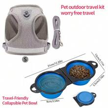 Pet Cat Dog Reflective Vest Harness & Leash Set, Includes Harness, Leash, Brush; Pet Outdoor Walking Harness & Foldable Food Bowl Set, Hassle-Free Travel