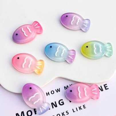 10张混合卡通渐变条纹鱼图案平底贴纸，适用于DIY剪贴簿、耳环、发饰、工艺装饰