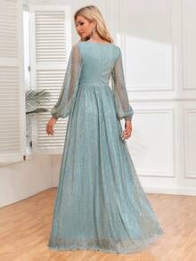 Vestido de baile feminino formal com decote em V e lantejoulas, manga lanterna, para convidada de casamento, formatura, jantar - Baby Azul - Ver 2