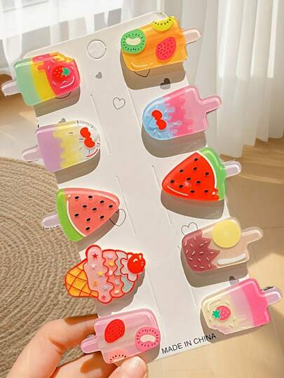 10 pçs/conjunto de grampos de cabelo com design de sorvete multicolorido, acessórios de cabelo estilo lanche criativo, novos grampos de franja, modernos e fofos, adequados para feriados, presentes, viagens