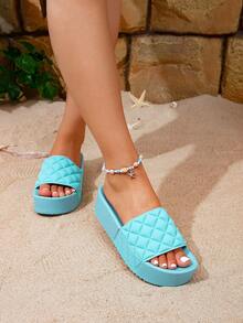 Women's Summer Thick Sole Rhombus Pattern Sandals, Comfortable Casual Beach Slippers