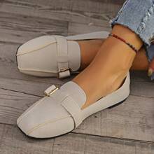 New Spring/Summer Women's Casual Square Toe Flat Loafers, Belt Buckle Decor, Slip On Comfortable Plus Size Shoes