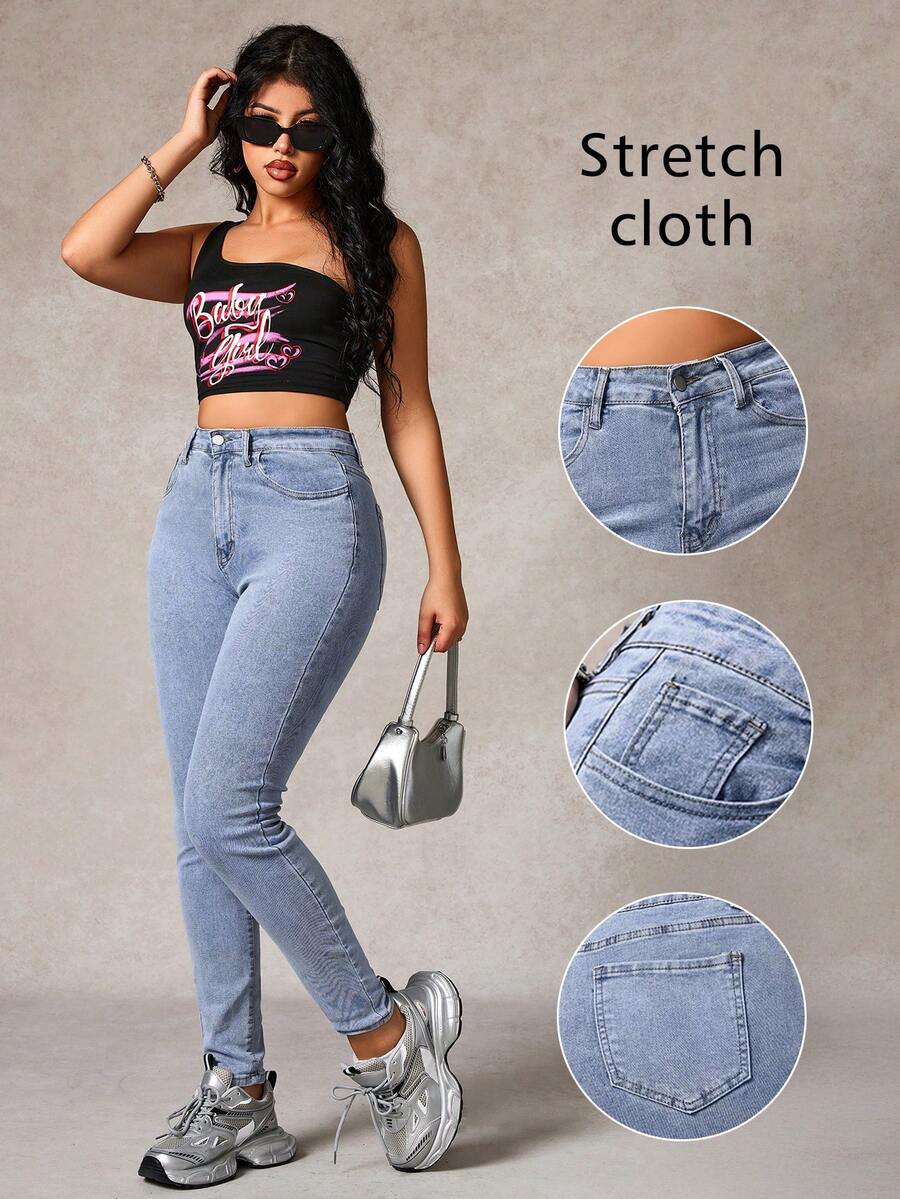 Jeans elásticos casuales ajustados de unicolor para mujer