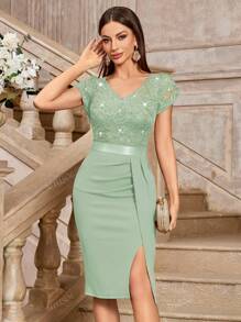 MIUSOL Elegant Sequin Lace Ruched Split Thigh Cocktail Party Bodycon Dress, Wedding Guest Dress