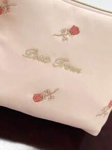 1 st. Roze geborduurde cosmetische tas met bloemen, lieflijk opbergzakje met rozenbloem, schattige mini make-uptas met rits