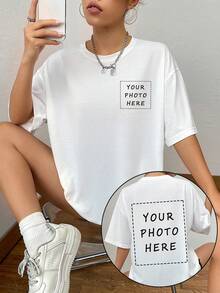 Customized Personalized Gift, -- Customized, Single Women's T-Shirt Customization, Add Your Own Text/Picture (Badge Pattern/Company Logo/Family Photo/Selfie|Digital) Design Your Own Personalized Printing,T-Shirt With A Custom Printed Slogan - White - View 1